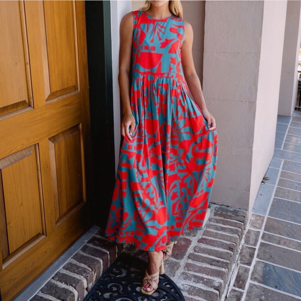Briton Court Saylor Maxi Dress Red Turquoise Abstract Print XL 3611 NWT